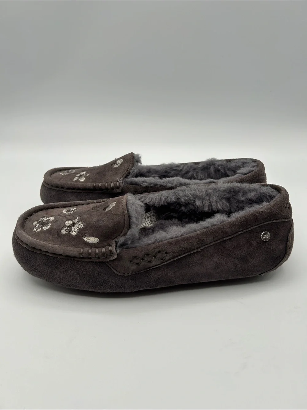 UGG Ansley Blossom Gray Suede Moccasin Slippers with Plush Shearling Lining - Picture 4 of 16